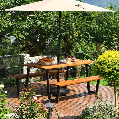 LDAILY Acacia Wood Picnic Table with Umbrella Hole, 70’’ x 30’’ Outdoor Picnic Tables with Benches for 6-8 Persons, 1600 LBS Max Load, Metal Frame & 2" Umbrella Hole, Party, Garden, Yard, Patio, Lawn