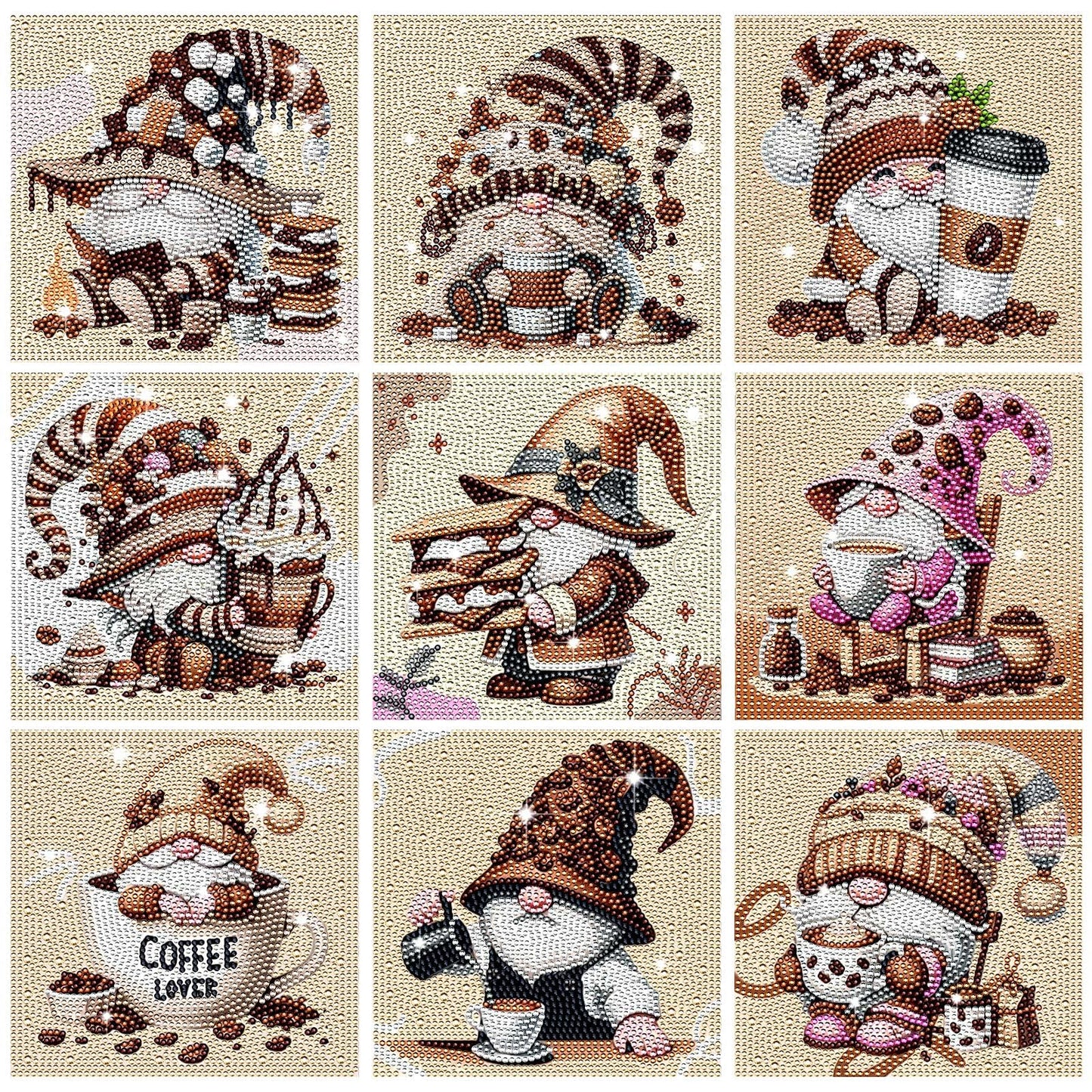 TecUnite 9 Pcs Coffee Gnomes Diamond Painting Art Diamond Painting Kit for Beginners DIY Rhinestone Gem Crafts for Christmas Home Wall Decor 6 x 6 Inch