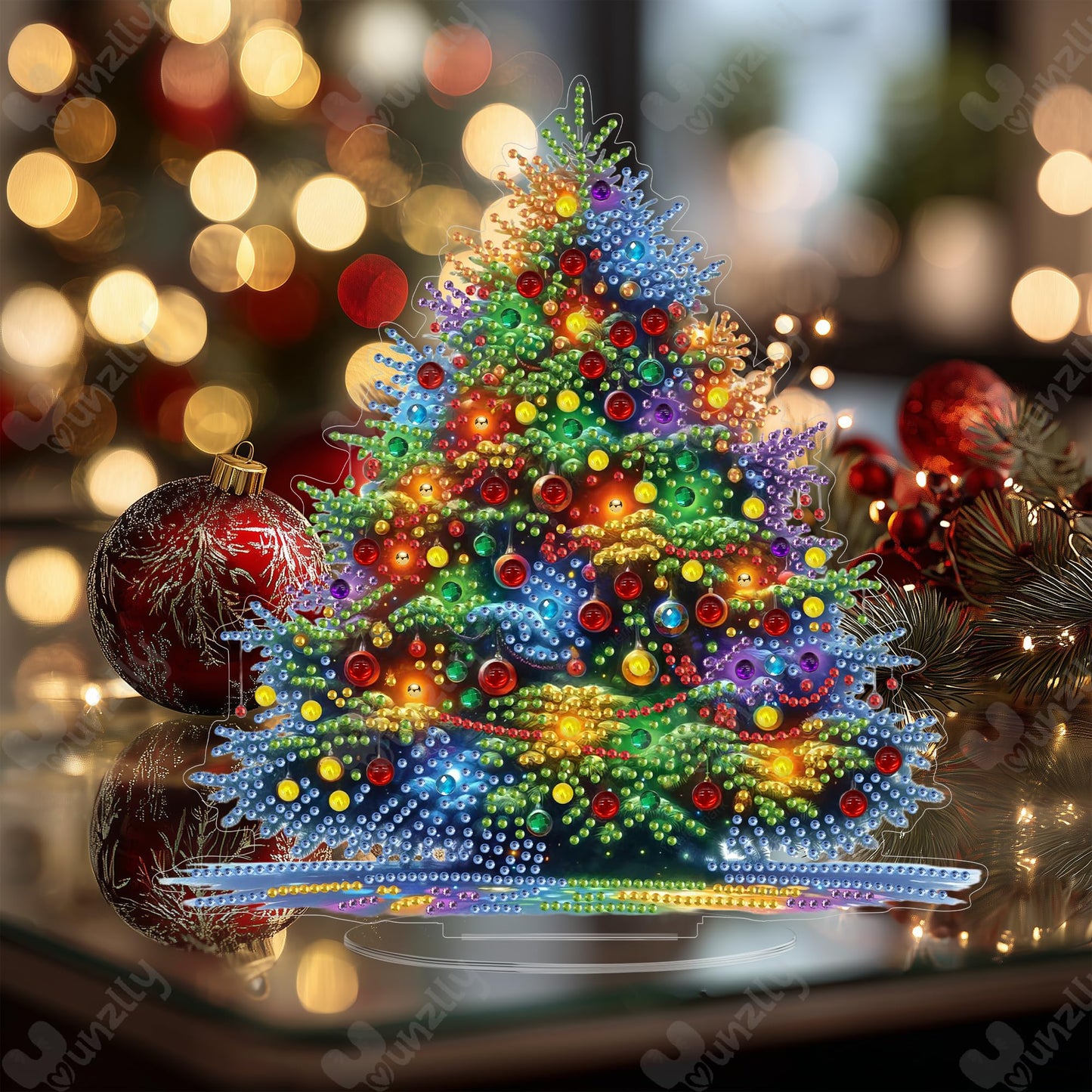 Yunzlly Tabletop Christmas Diamond Art Painting Kit, Desktop Gem Painting Ornament Kit for Adults, Table Top Acrylic Diamond Board Painting with Stand (Christmas Tree)