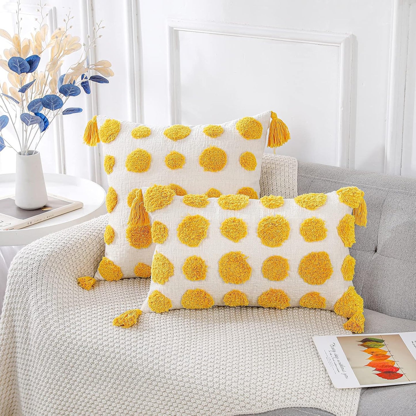 PANOD Super Soft Farmhouse Decorative Plush Throw Pillow Covers 12 x 20, Solid Pom Pom Tufted with Tassels (Yellow)