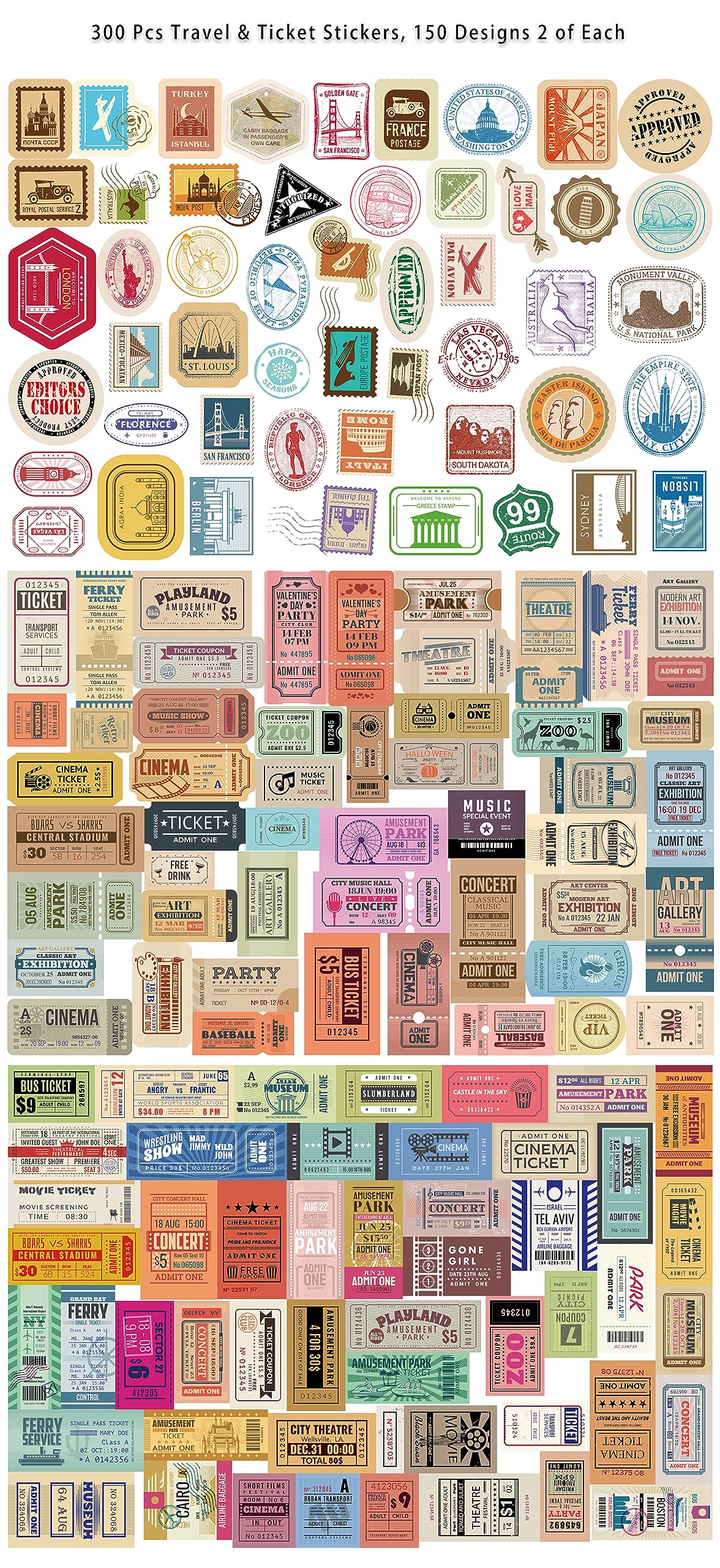Prstincol 300 Pcs Vintage Travel Stickers Ticket Stickers for Journaling,Luggage Sticker Stub Vintage Sticker for Junk Journal Crafts Laptop Water Bottle Album Scrapbook