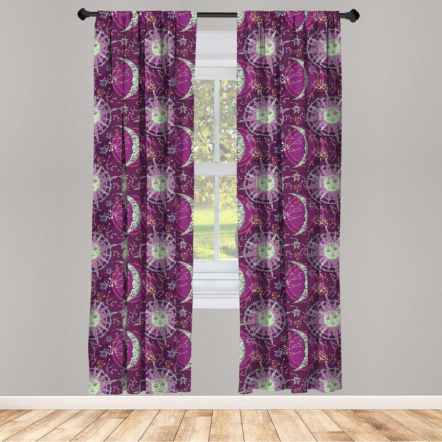 Lunarable 2-Panel Sun and Moon Window Curtains, Celestial Fantasy with Constellations on Purple, 28" x 63", Multicolor