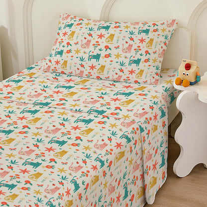 Bedmoon Girls Twin Sheets, Kids Green Cat Kitty Cute Animal Soft Microfiber Twin Sheets & Pillowcases with Corner Straps