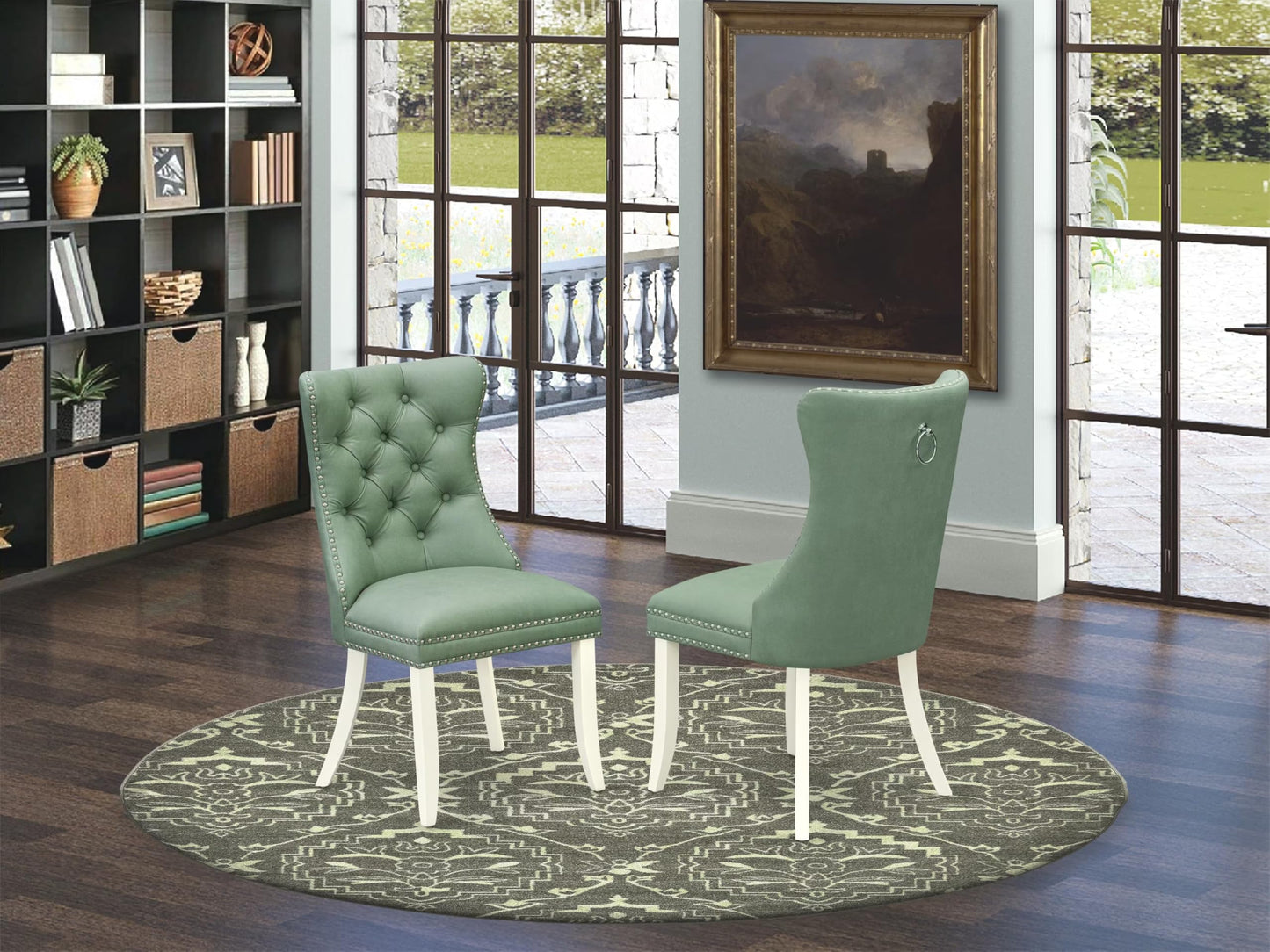 East West Furniture DAP2F22 Dallas Parson Kitchen Chairs - Button Tufted Nailhead Willow Green Polyester Fabric Upholstered Dining Chairs, Set of 2, Linen White