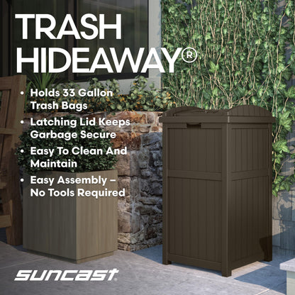 Suncast 33 Gallon Durable resin Hideaway Outdoor Garbage Can with Secure Lid and Wicker Design for Home Backyards, Decks, or Patios, Java Brown