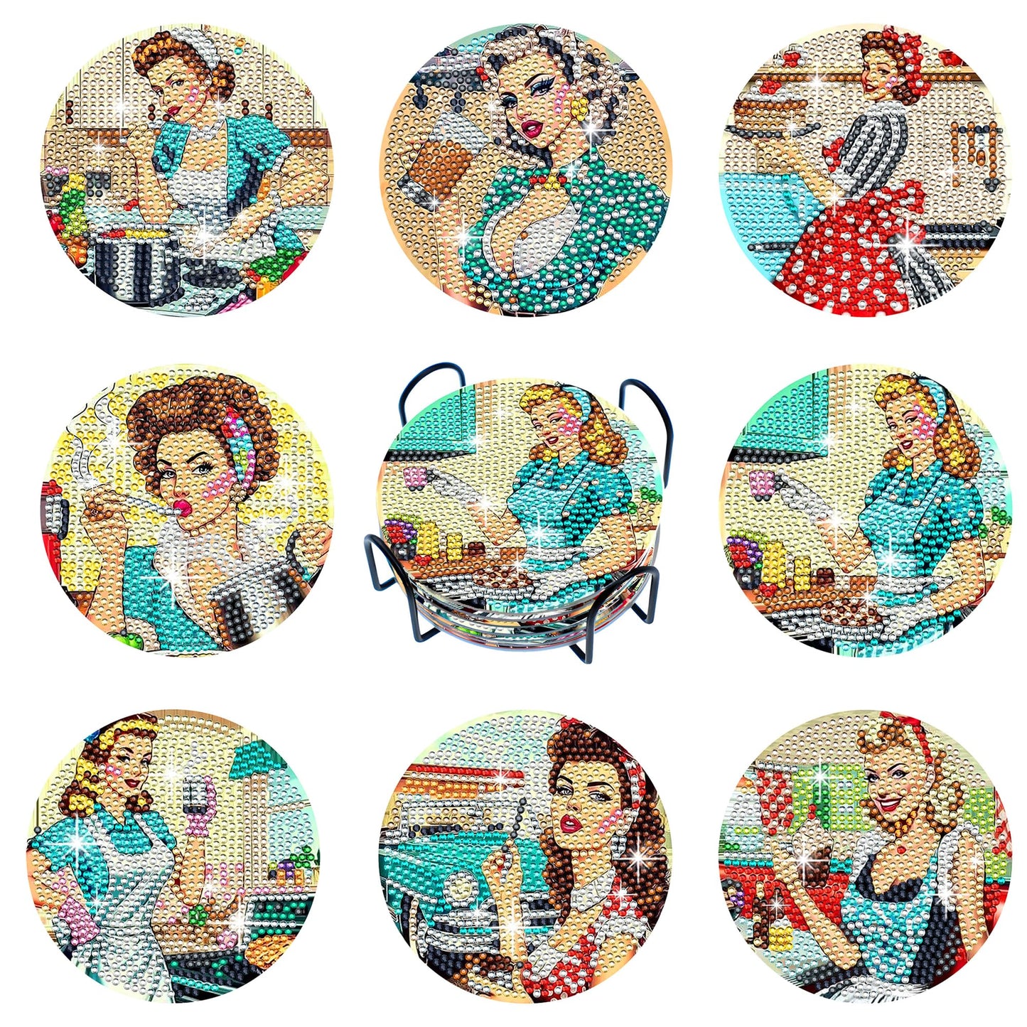 Eimilaly 8 Pcs Retro Pin-up Girl Diamond Painting Coasters with Holder for 70s 80s 90s Disco Party Decor, Suit for Beginners Kids Adults