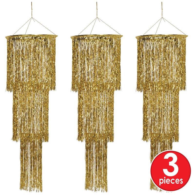 Beistle 3-Tier Shimmering Chandeliers – 3 Pack Gold Hanging Party Decorations, Elegant Foil Ceiling Décor for New Year’s Eve, Weddings, Anniversaries, 1920’s Themed Parties and Celebrations, 4 Ft