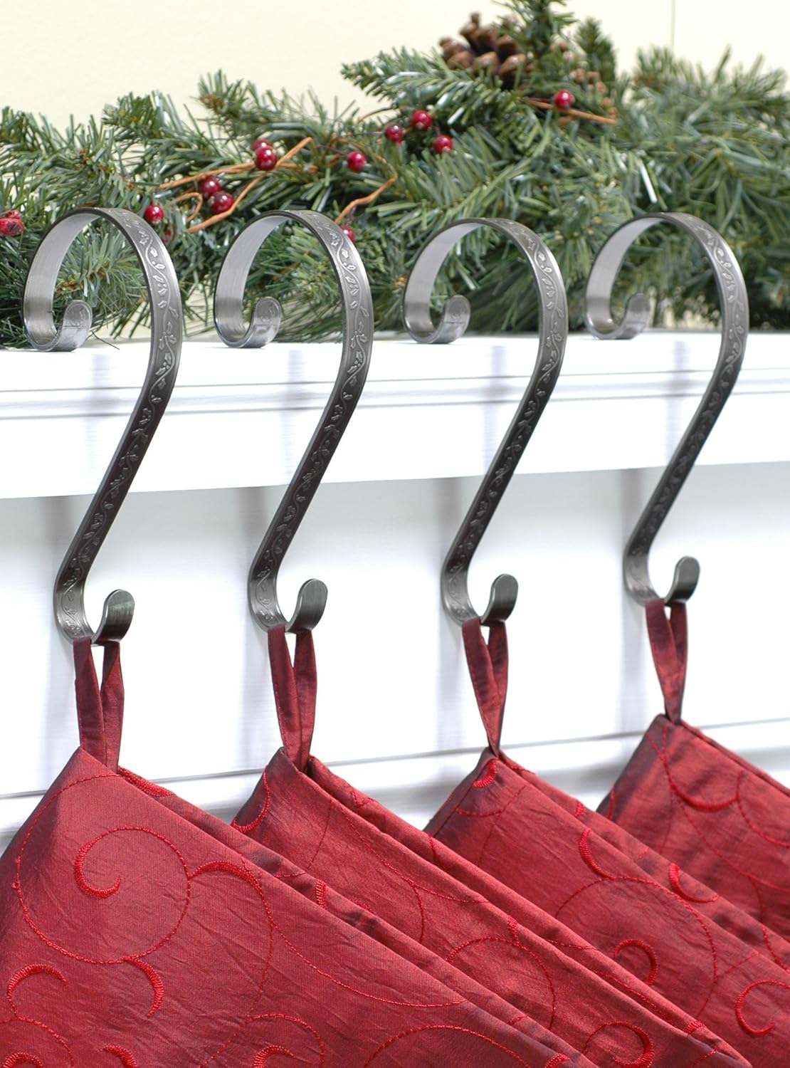 Haute Decor Stocking Scrolls Hanger - 4 Pack Holly Embossed (Pewter) - Christmas Stocking Holder