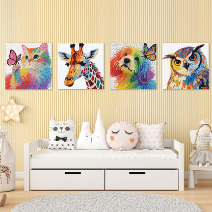 geesfayan 4 Pack Diamond Art Kit for Kids 6 Inch DIY Animal Gem Art with 4 Tools Sets, Gem Painting for Beginners, Creative Craft Gift for Teens & Kids(Owl-Giraffe)