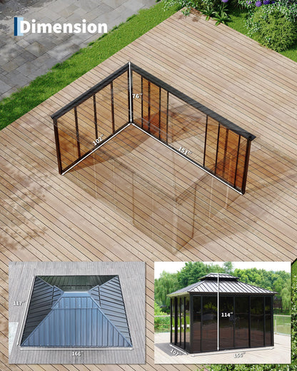10x14ft Heavy Duty Outdoor Pavilion with Metal Frame, Permanent Solarium Sunroom Kit with PC Windows, Fully Sealed Screen Houses for Backyard, for Patio Winter Garden