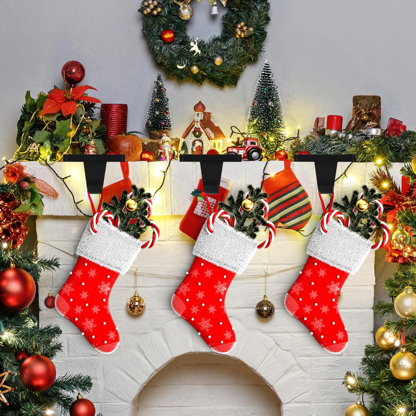 Palonu 4 Pcs Black Christmas Stocking Holders, Heavy Duty Mantle Hangers Cast Iron Hanging Hooks with Non-Slip Pad,Christmas Ornaments Xmas Holiday Decoration Shelf Window Fireplace Mantel Décor