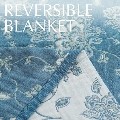 jinchan Boho 100% Cotton Muslin Twin Size 60x80 Inches Blanket Lightweight 4-Layer Quilted Soft Blue and White Floral Throw Blanket Green Accents Reversible Comfy Flower Summer Couch Bedroom Decor