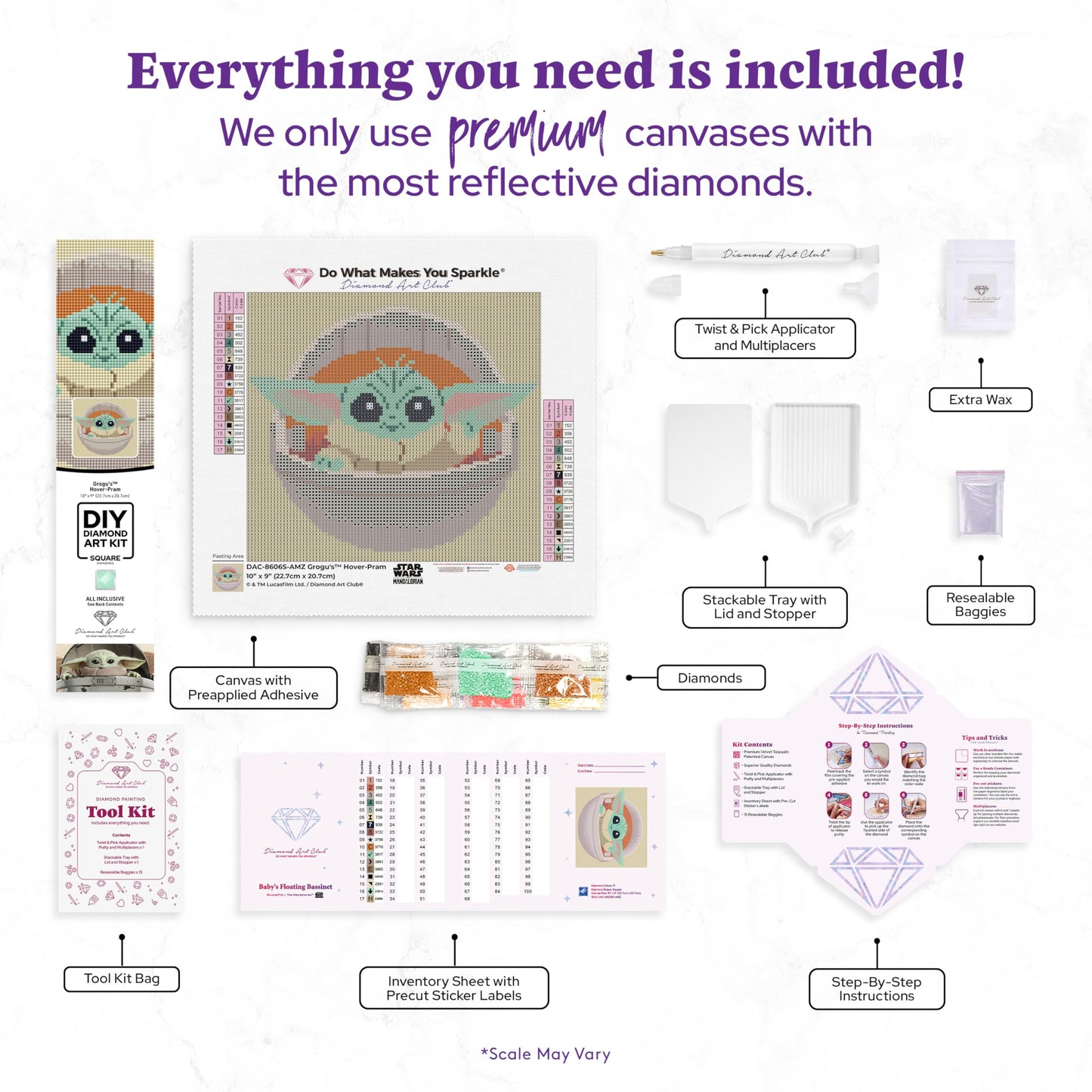 DIAMOND ART CLUB Grogu's Hover-Pram Diamond Painting Kit, Fun DIY Crafts for Adults, Square Diamond Art Canvas, 10" x 9"