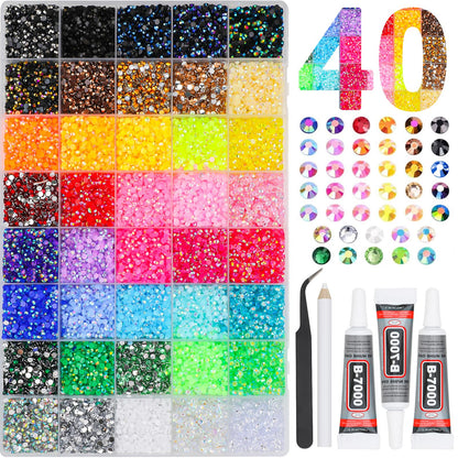 32000Pcs 40 Colors Resin Rhinestones Bedazzling Kit, Multicolor Flatback Gems, DIY Nail Art Clothing Tumblers Crafts for Bedazzling Diamond Art Makeup (40 Colors)