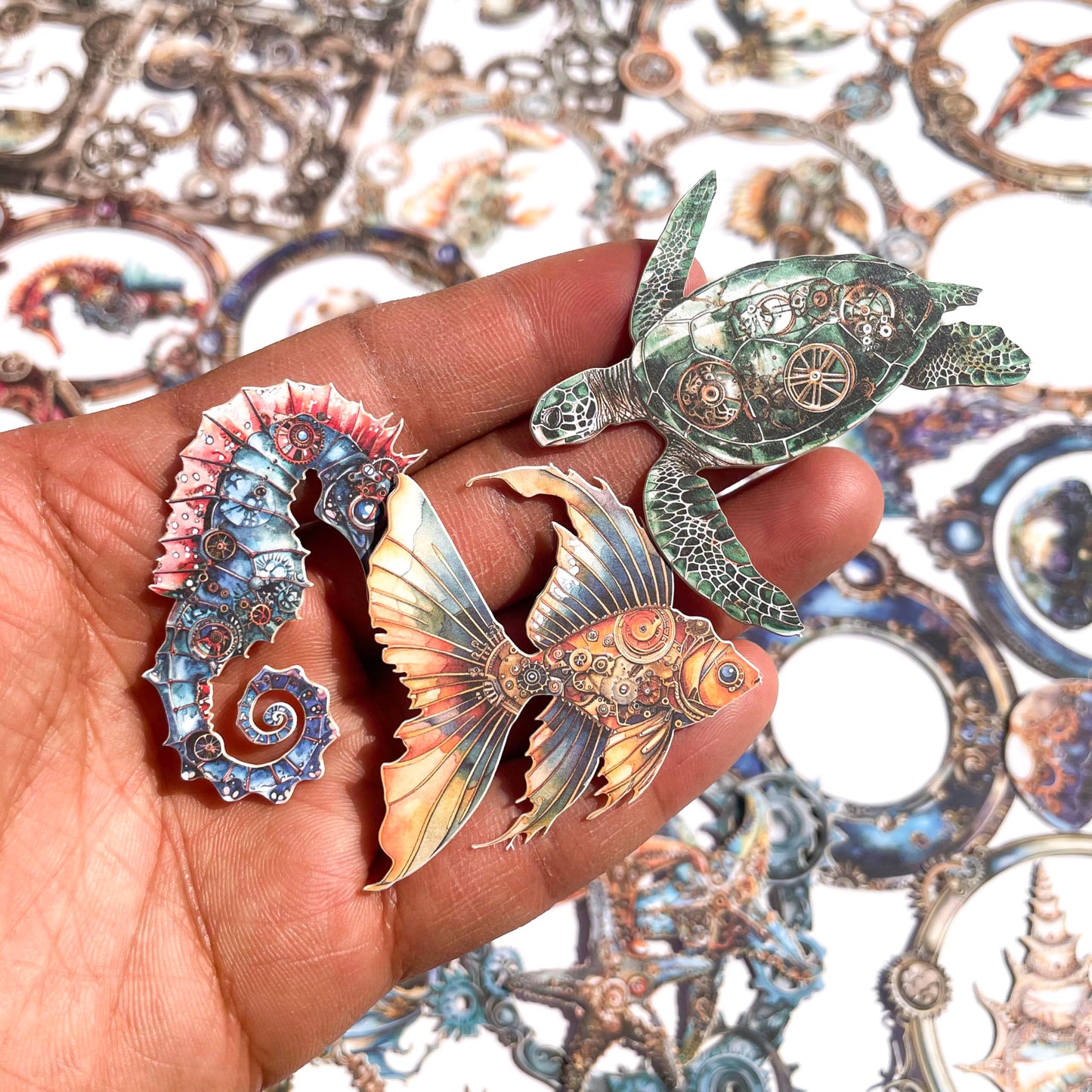 60-Piece Steampunk Ocean Scrapbook Stickers - Self Adhesive Hard Cardstock Victorian Stickers with Nautical Frames, Jellyfish, Seahorses, Fish, Mechanical Elements
