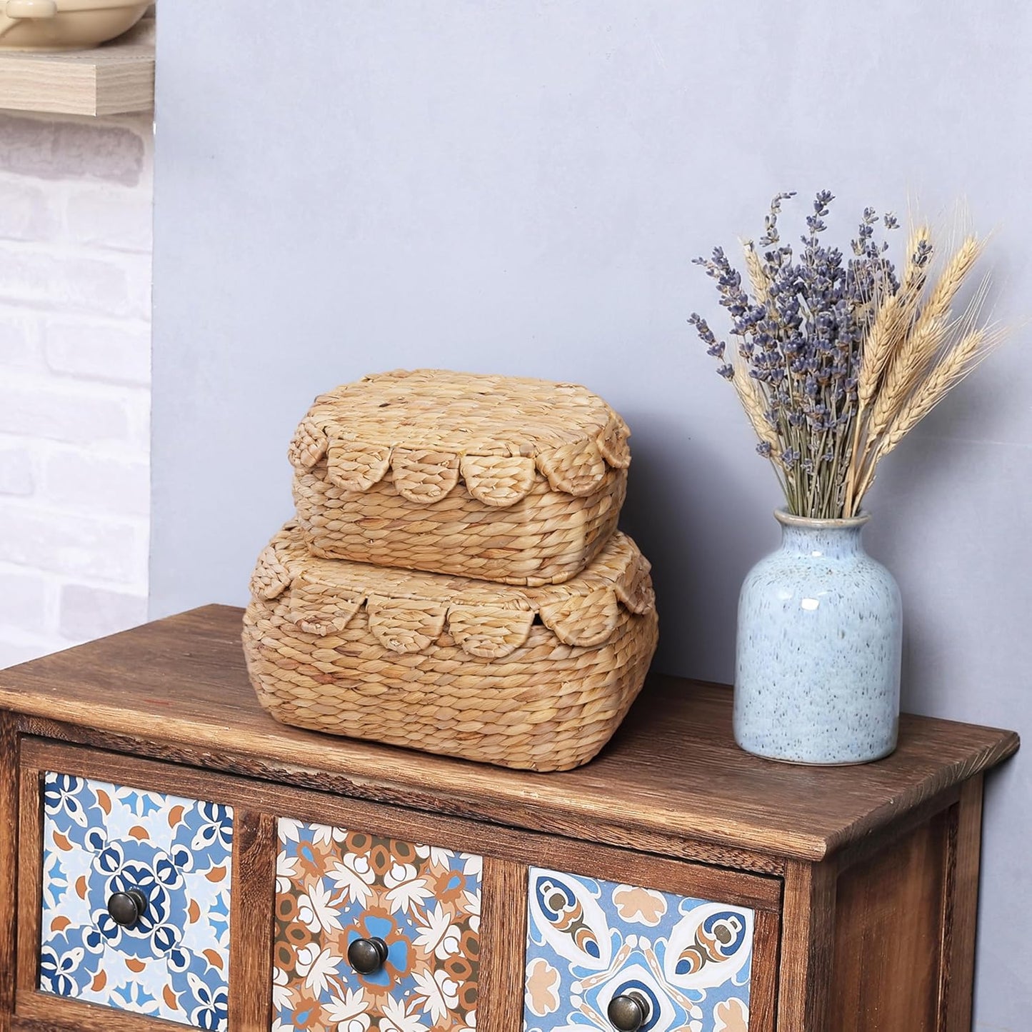 Set 2 LUSYDECO of Wicker Storage Baskets with Lid, Rattan Basket Decorative Boxes, Woven Storage Box Hyacinth Basket
