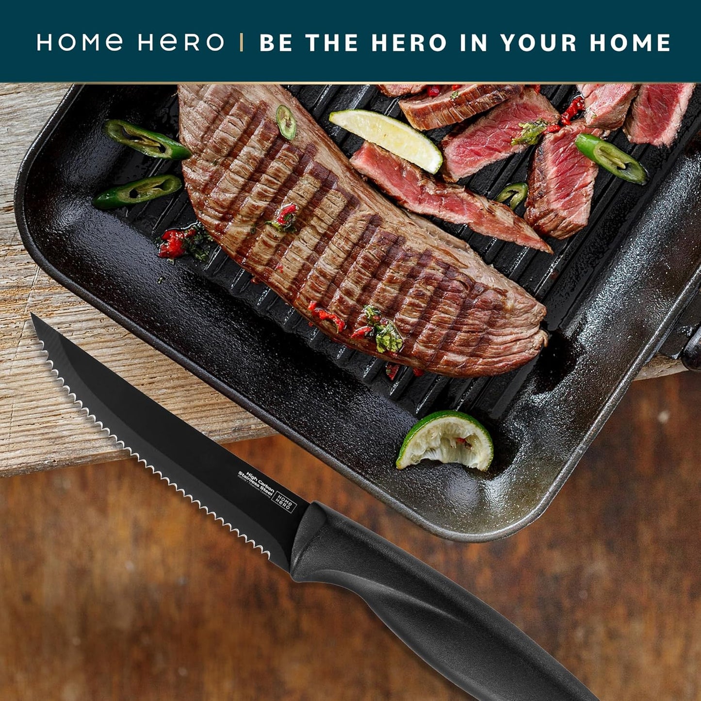 Home Hero 6 Pcs Steak Knives Set, High-Carbon Stainless Steel Razor-Sharp Serrated Knives with Ergonomic Handles