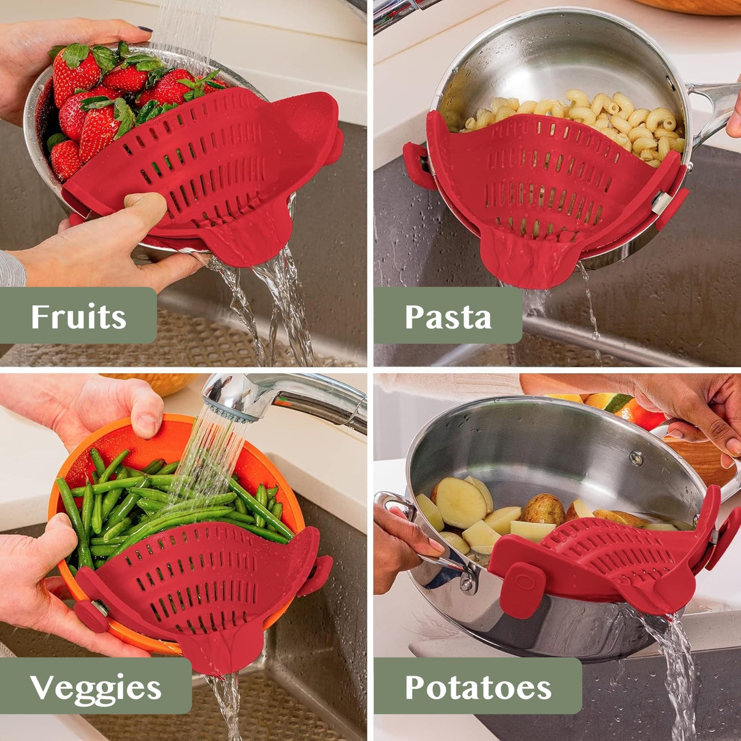 Kitchen Gizmo Snap N' Strain Clip On Strainer for Pots and Pans - Collapsible Silicone Pasta Strainer and Kitchen Gadget for Cooking - Easy to Use, Heat Resistant and Space Saving Colander - Green