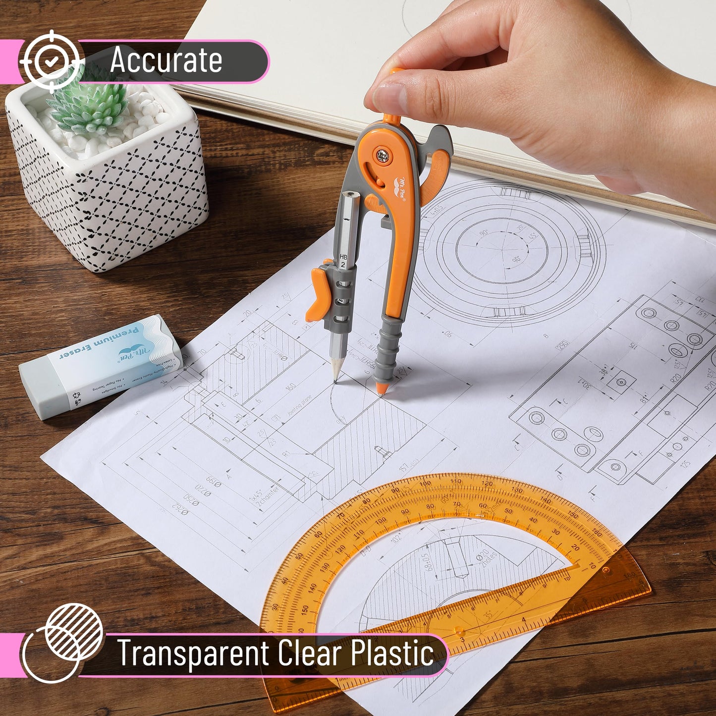 Mr. Pen- Geometry Compass and Protractor Set, 12 Sets, 6 Inch Compass, 6 Inch Protractor, Bulk Drawing Tool for School, Clear Plastic, Easy Grip, Precision Design for Math, Art, Drafting, Architecture