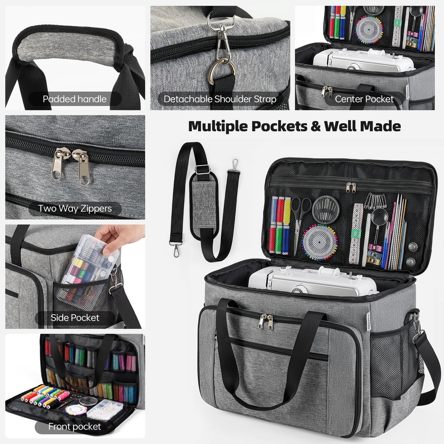 Aiseaulis Sewing Machine Carrying Case with Removable Padding Pad, Portable Sewing Machine Bag with Shoulder Strap for Most Standard Size Singer,Brother,Janome and Sewing Accessories, Grey
