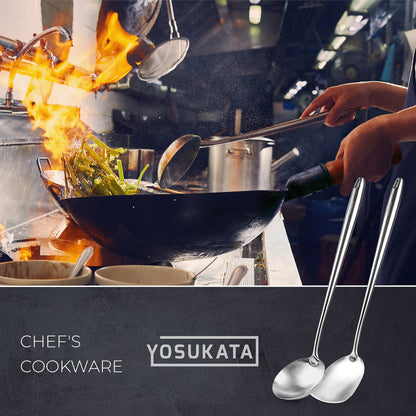 YOSUKATA 17’’ Wok Spatula and Ladle - Set of 2 Heat-Resistant Wok Tools - Universal Wok Ladle and Spatula - High-Grade 304 Stainless Steel Cooking Utensils and Wok Accessories - Solid Wok Utensils