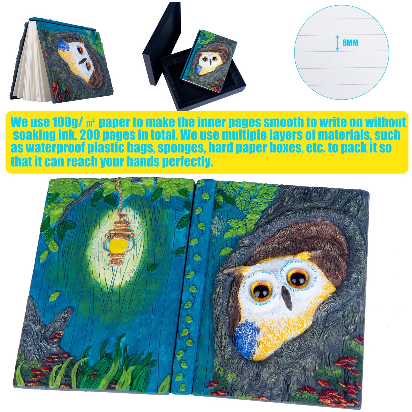 Handmade Cute Owl in Tree Hole 3D Journal,Resin Engraving Notebook,Hardcover Travel Diary for Writing,Sketchbook,Collection,Gift,Decoration Diary for Man And Woman A5 Size （white） (White)