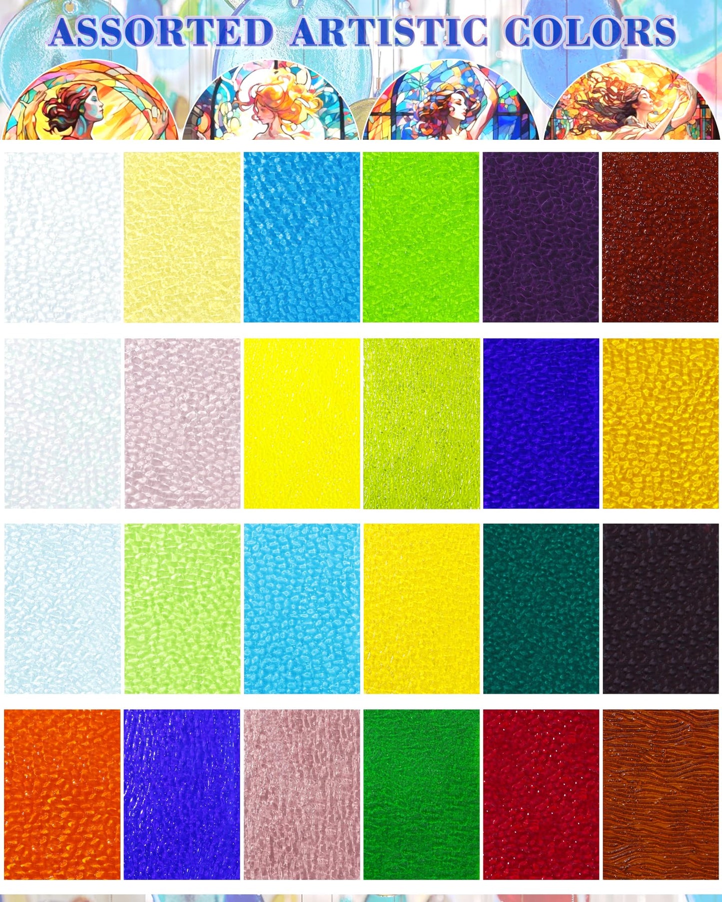 FIVEIZERO 24 Sheets Textured Stained Glass 4x6 Inch – Patterned Cathedral Glass for Privacy Windows, Mosaic Art, Fused Glass, Suncatchers & Lamp Shades – Stained Glass Supplies