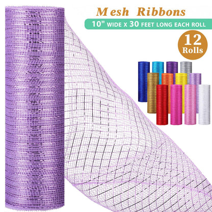 Timgle 12 Rolls 10 Inch Deco Mesh Ribbon for Wreath Making - 120 Yards Total, Metallic Mesh Foil Poly for Spring Summer Crafts, Home Door Wreaths DIY Supplies 30ft Each Roll(Modern Color)