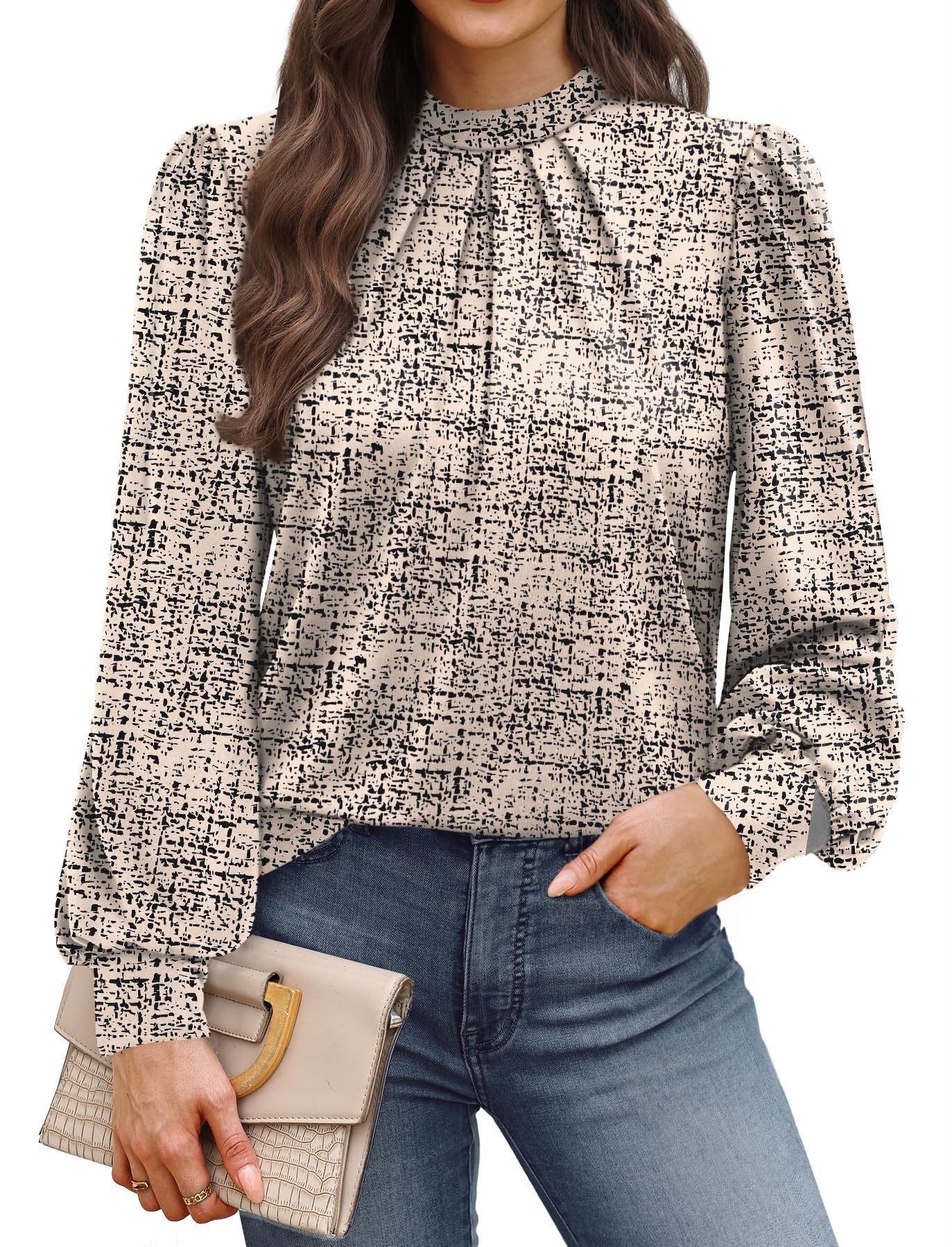 WIHOLL Long Sleeve Shirts for Women Mock Neck Tops Pleated Front Blouses Dressy Casual Fall Clothes 2025 Fashion