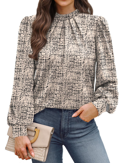 WIHOLL Long Sleeve Shirts for Women Mock Neck Tops Pleated Front Blouses Dressy Casual Fall Clothes 2025 Fashion