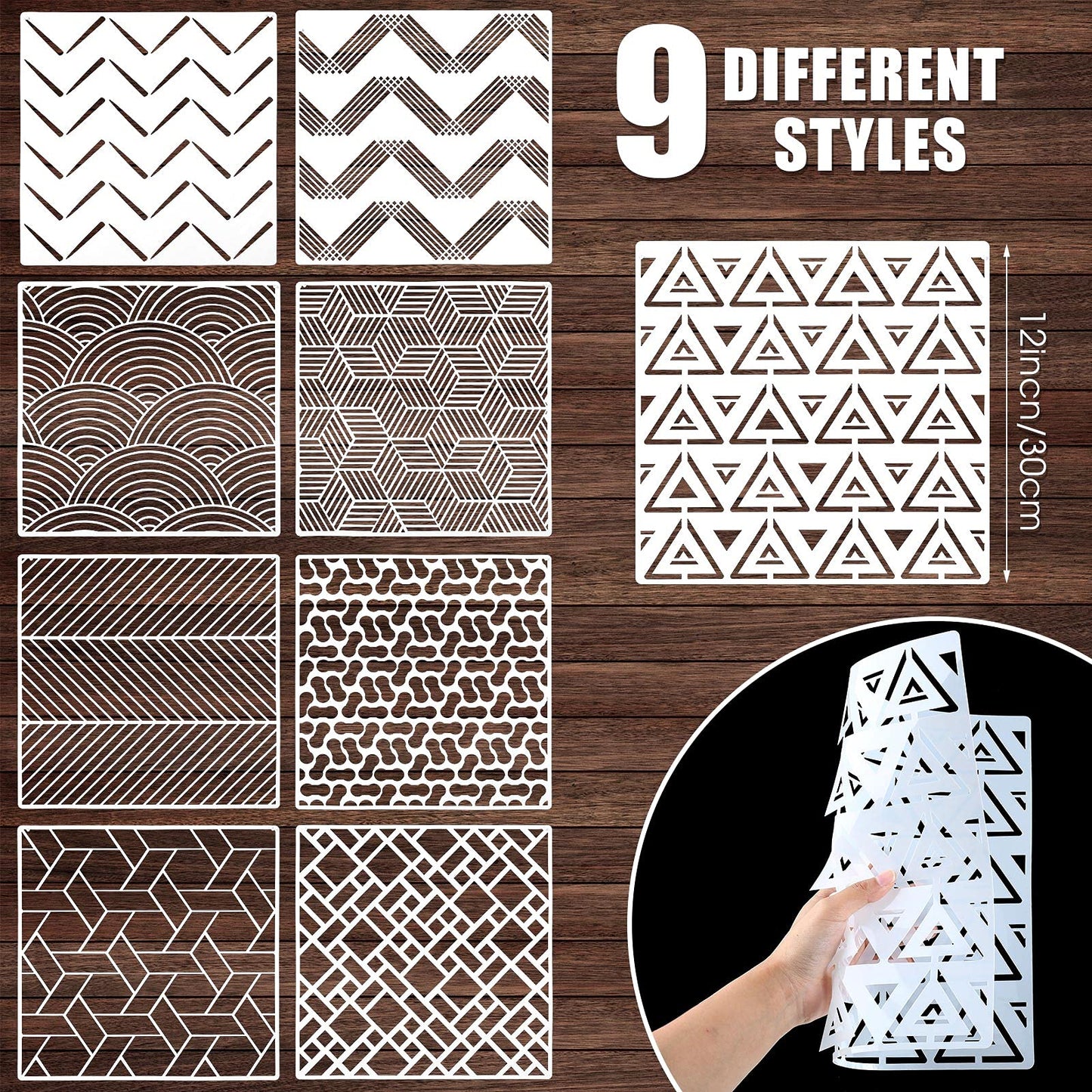 9 Pieces Tile Stencil Set Geometric Wall Stencil Modern Wall Stencil Modern Geometric Tile Template Reusable Wall Template Plastic Drawing Stencils for Ceramic Tile Wood Wall Home Decor (12 x 12 Inch)