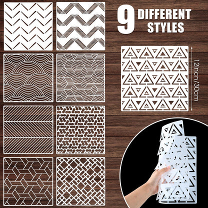 9 Pieces Tile Stencil Set Geometric Wall Stencil Modern Wall Stencil Modern Geometric Tile Template Reusable Wall Template Plastic Drawing Stencils for Ceramic Tile Wood Wall Home Decor (12 x 12 Inch)