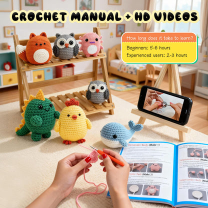 Joyclub Crochet Kit for Beginners 6 PCS Amigurumi Animal Family Crochet Starter Kit with Step-by-Step Video Tutorials 40% Extra Yarn DIY Craft Gifts for Adults Knitting Lovers Mother Teacher Graduates
