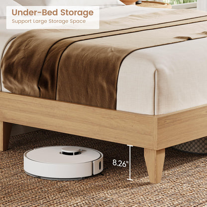 GarveeHome Full Size Solid Wood Bed Frame with Storage Shelves, Rattan Upholstered Bookcase Headboard with Sliding Doors & Adjustable Shelf, No Bos Spring Needed, Natural Solid Wood