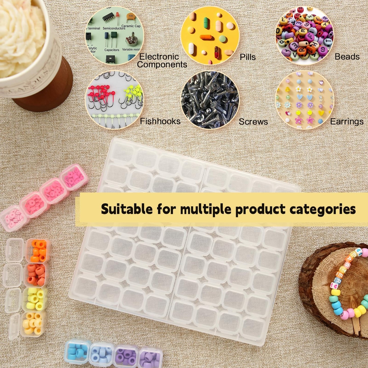 Megoogo 3 Pack 56 Grids Bead Organizer Storage Boxes, 168 Slots Diamond Art Painting Storage Containers with Movable Dividers, Clear Plastic Organizer Box with Labels for Crafts Supply Beads Buttons
