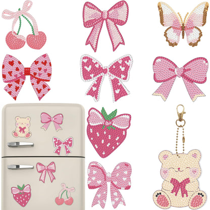 Bulerrylulu 9 Pcs Pink Diamond Painting Magnets Kits Bow Fridge Magnet Stickers Diamond Art Painting Keychains Gem Painting kit for Beginners Adults DIY Art Craft Gifts Home Decors
