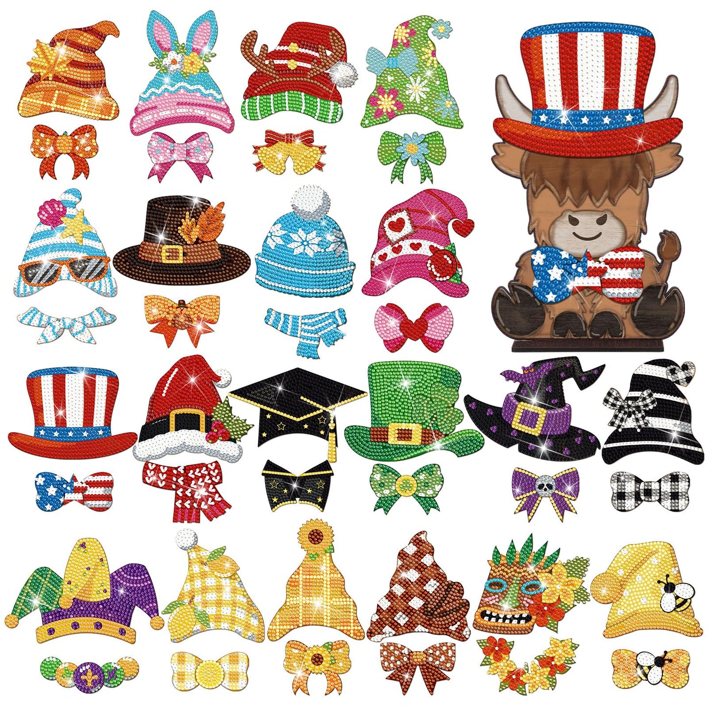 DoubleFill 42 Pcs Summer Diamond Kits 4th of July Interchangeable Wooden Table Decorations DIY Summer Holiday Party Seasonal Tiered Tray Art Decor Diamond Painting Magnets(Highland Cow)