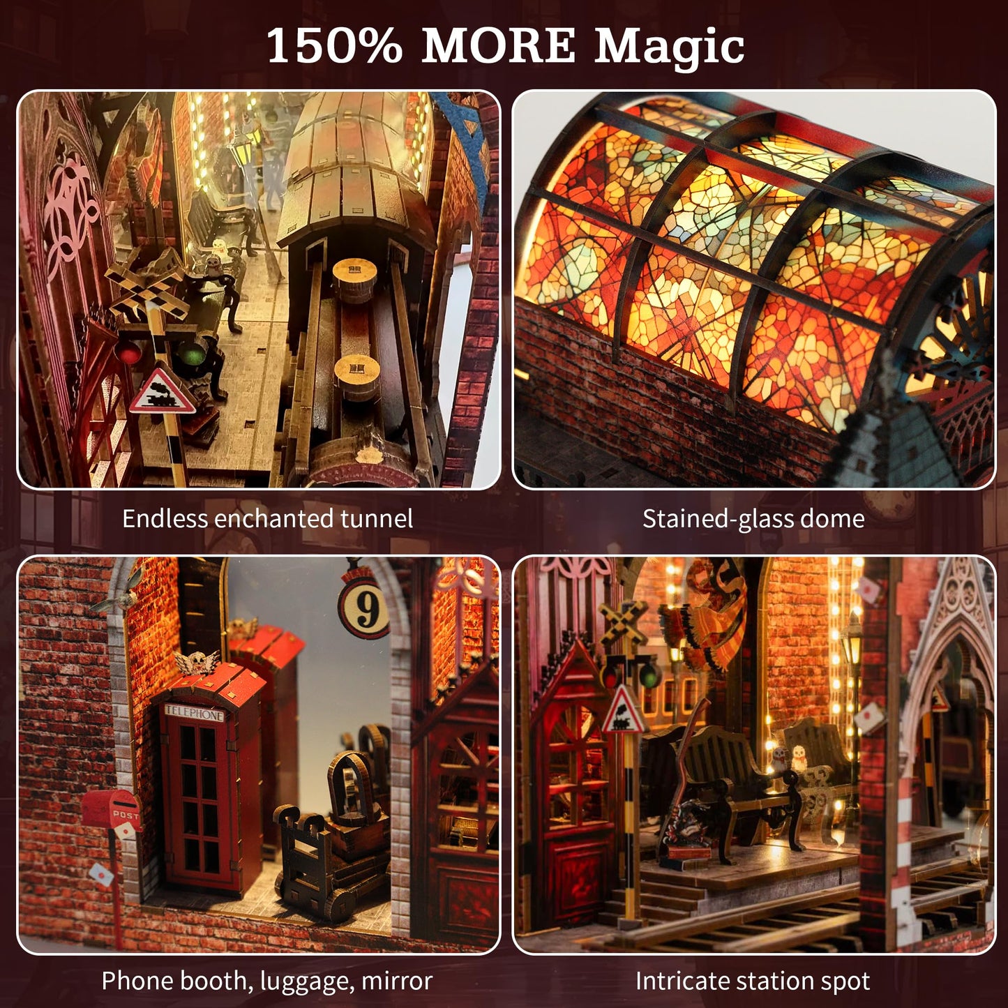 Magic Platform DIY Book Nook Kit Interactive 3D Wood Puzzle LED Magical Miniature with Infinite Mirror Extension Space DIY Bookshelf Insert Decor Gifts Miniature House Magic Express Diorama Scenery