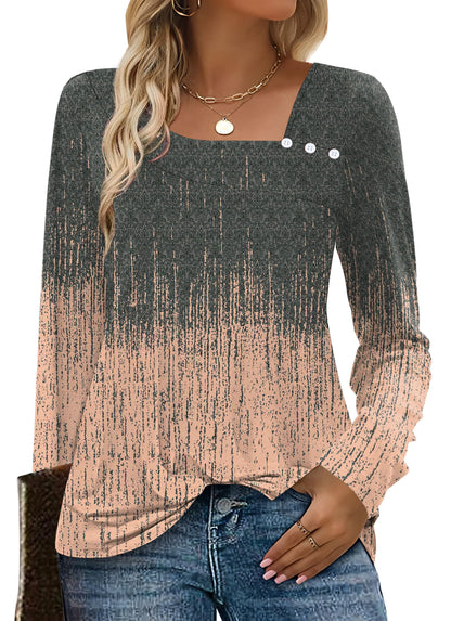 OFEEFAN Long Sleeve Shirts for Women Fall Clothes Asymmetric Square Neck Tunic Tops Decorative Buttons