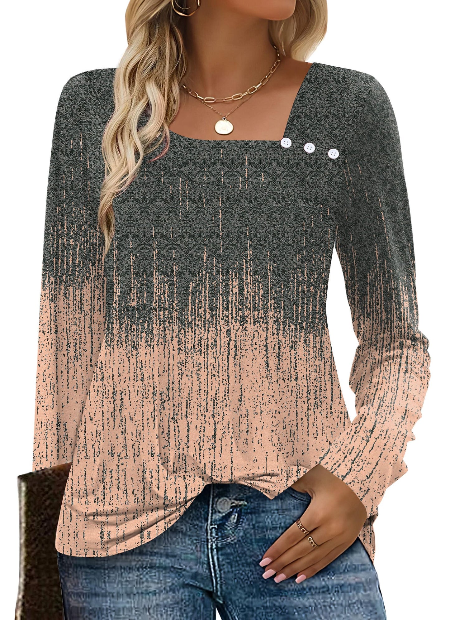 OFEEFAN Long Sleeve Shirts for Women Fall Clothes Asymmetric Square Neck Tunic Tops Decorative Buttons