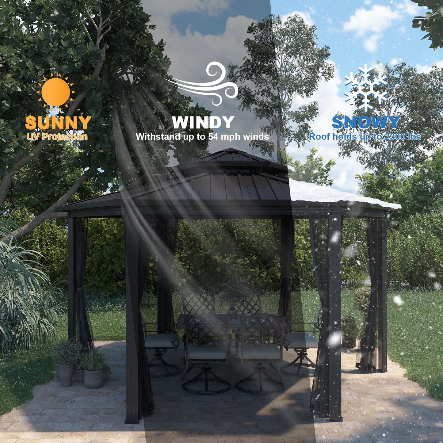 15x15FT Hexagon Hardtop Gazebo Heavy Duty Aluminum Frame Outdoor Gazebo Pergola Pavilion with Galvanized Steel Double Roof, Nettings & Ceiling Hook for Patio Backyard Deck Lawns