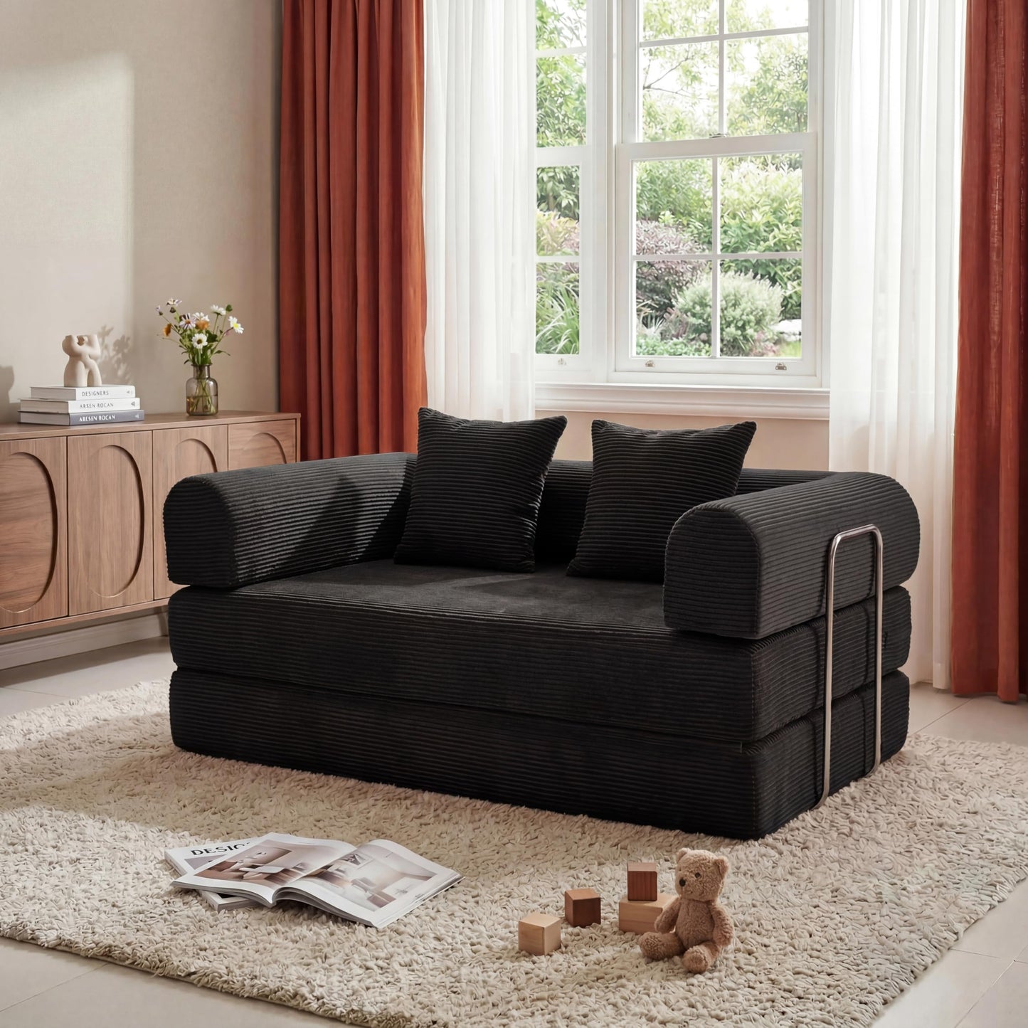 HouseMila 53.15" Boneless Couch,4-in-1 Futon Sofa Bed Modular Loveseat Sleeper Folding Compressed Couch with Pillows,No Assembly Required Convertible Sofa Bed for Living Room Bedroom Guest Room,Black