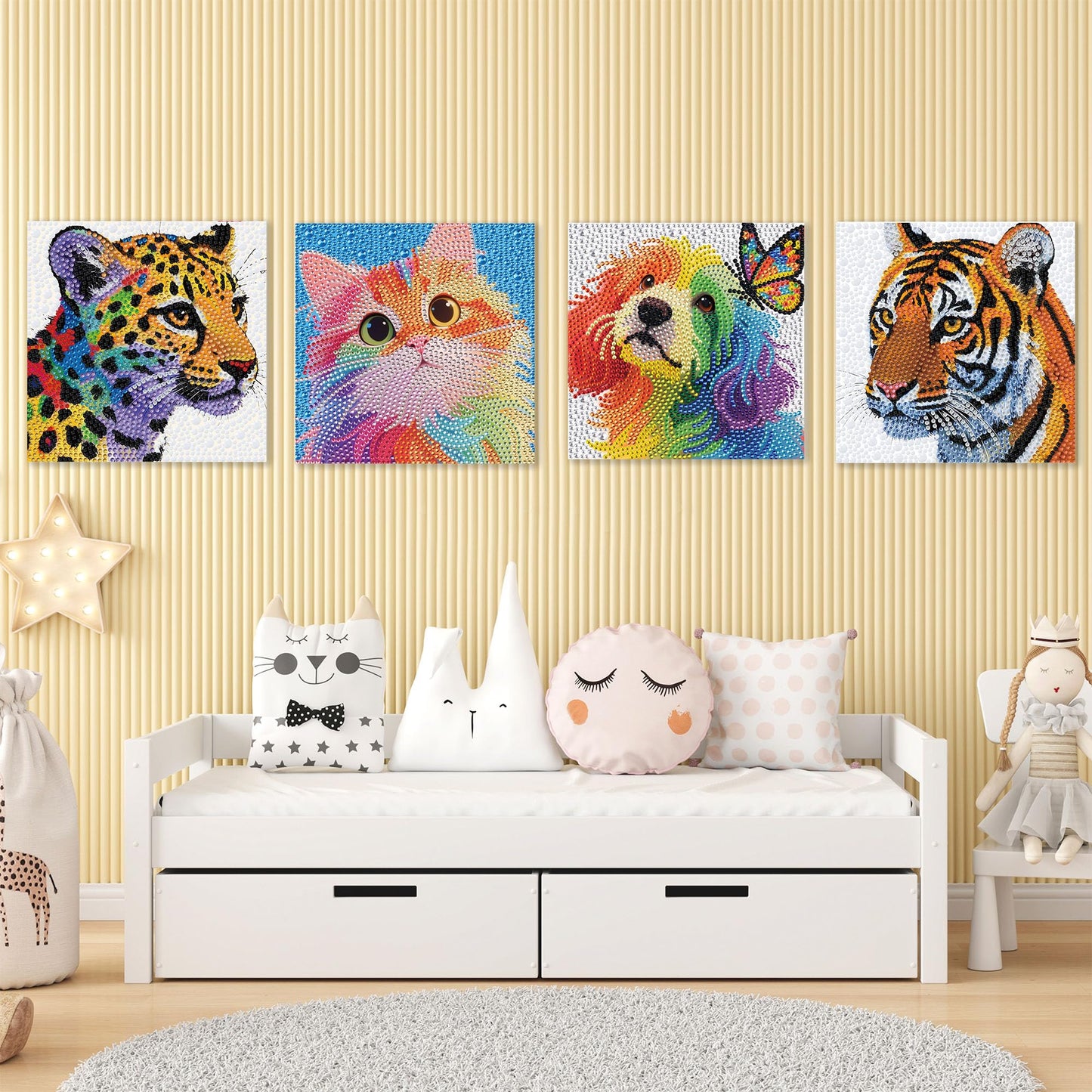 geesfayan 4 Pack Diamond Art Kit for Kids 6 Inch DIY Animal Gem Art with 4 Tools Sets, Gem Painting for Beginners, Creative Craft Gift for Teens & Kids(Tiger Leopard)
