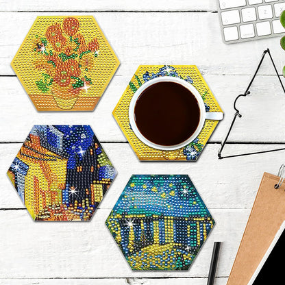 NUFTVI Van Gogh Diamond Painting Coasters Kit with Holder, 5D Full Crystal Diamond Art Coasters Kit for Adults. 6 PCS