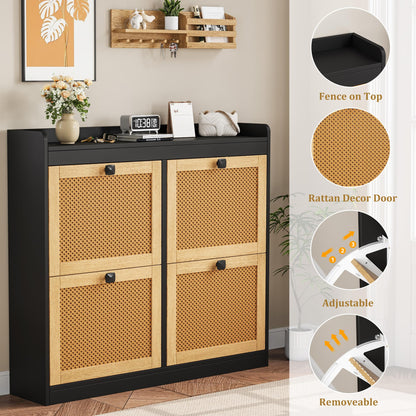 Garvee Shoe Storage Cabinet with 4 Deep Flip Drawers, Wood Shoe Cabinet with Rattan Doors and Adjustable Shelves- Freestanding Shoe Organizer for Entryway, Hallway (Black, 4 Drawers- 2PCS)
