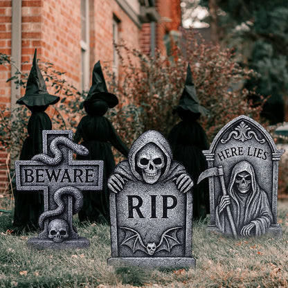 6 Pack Halloween Yard Signs Tombstone Set – 15 x 10 Inch Large Plastic Graveyard Decorations with Stakes, RIP Skull and Skeleton Tombstones for Lawn, Outdoor Haunted House and Party Decor