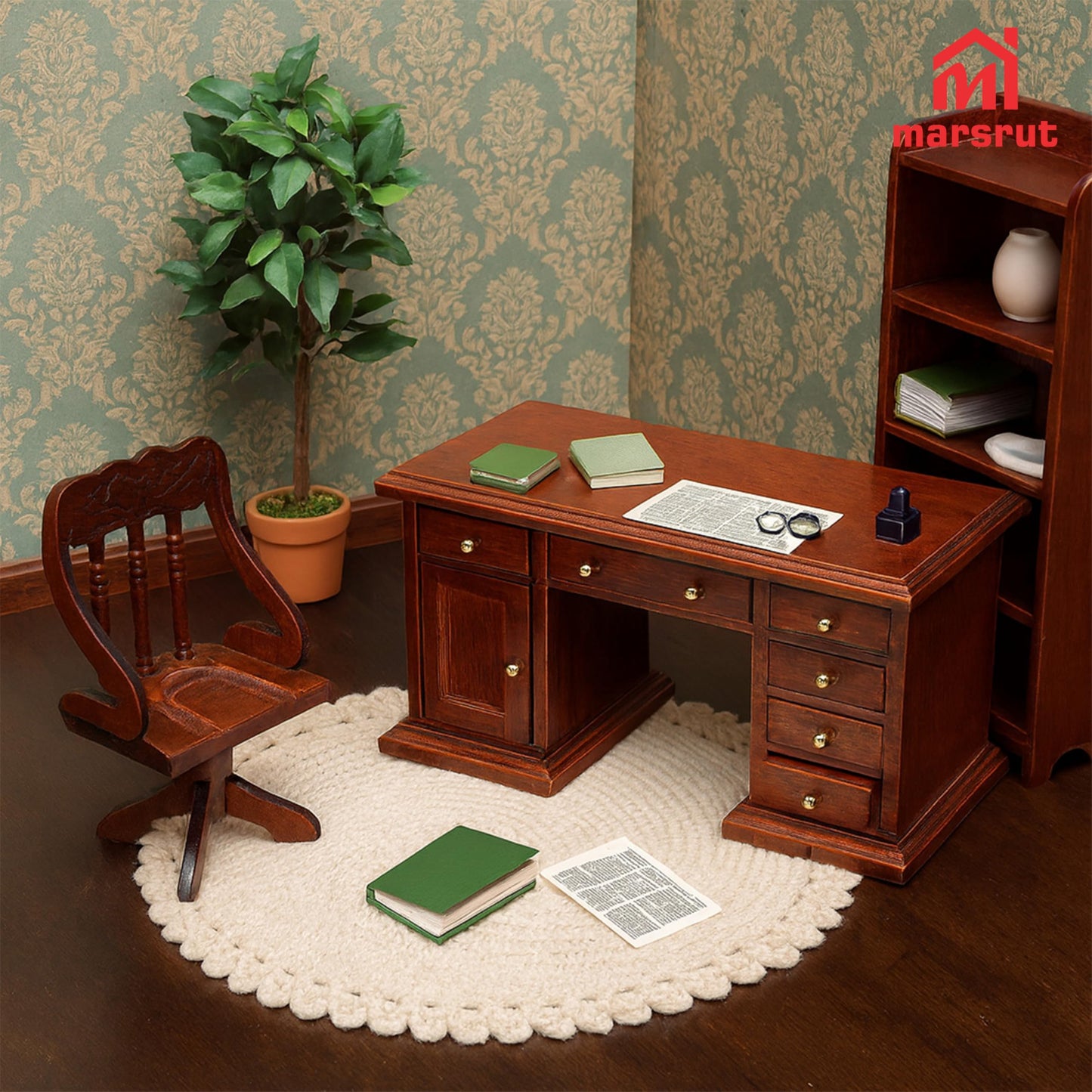 1/12 Scale Wooden Dollhouse Desk and Chair Set, Miniature Office Furniture, Computer Table Accessory, Retro Writing Simulation Doll House Accessories for Photo Props Scene