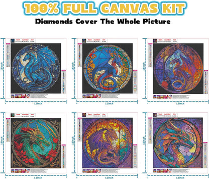 RYMILIE Diamond Painting Kits for Adults - 6 Pack Dragon DIY 5D Diamond Art Kits Full Drill Diamond Dots Paintings with Diamonds Gem Art and Crafts Home Decor 12x12inch