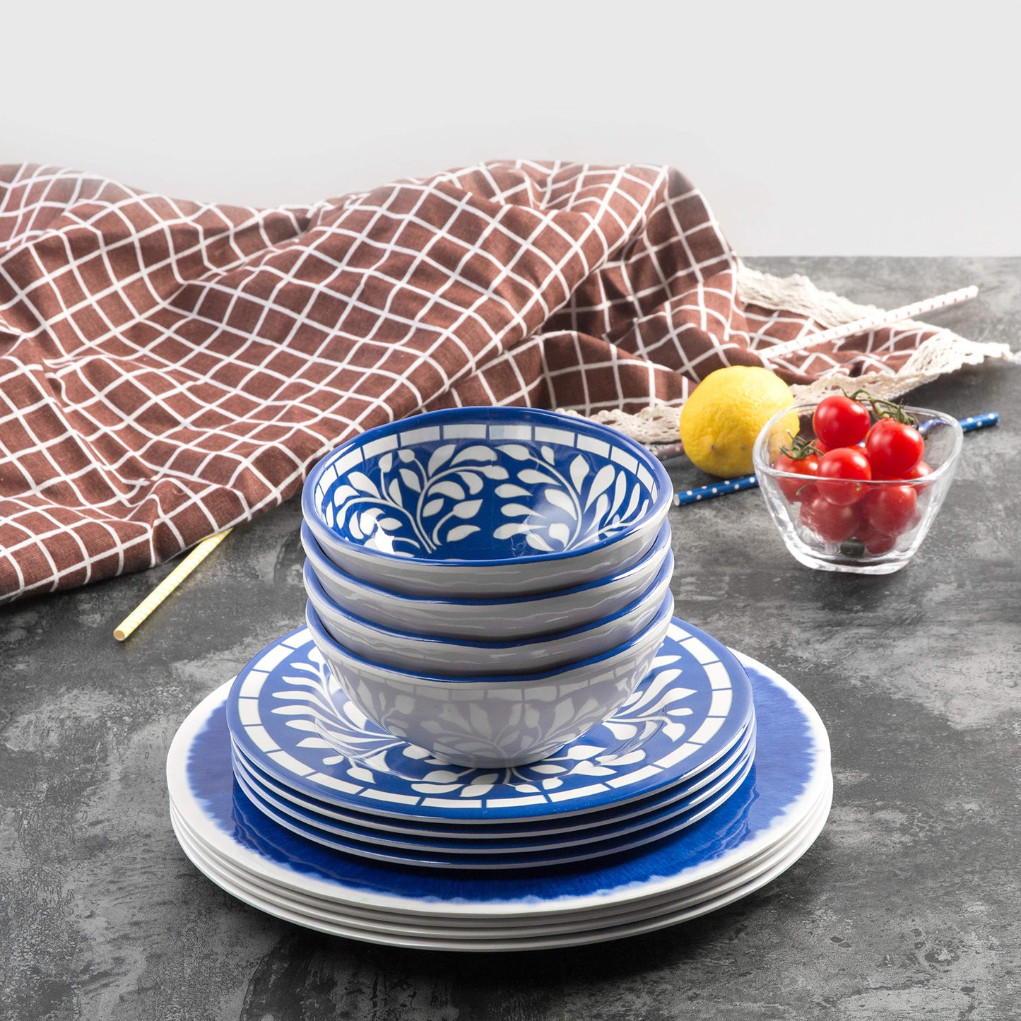 Yinshine Melamine Dinnerware Set - 12 Pcs Dinner Dishes Set for 4, Plates and Bowls Set for Indoor & Outdoor Use- Dishwasher Safe, Unbreakable, Blue