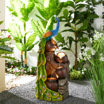 Glitzhome Oversized 4-Tiered Peacock and Jars Polyresin Outdoor Floor Fountain with Pump and LED Light, 40" H